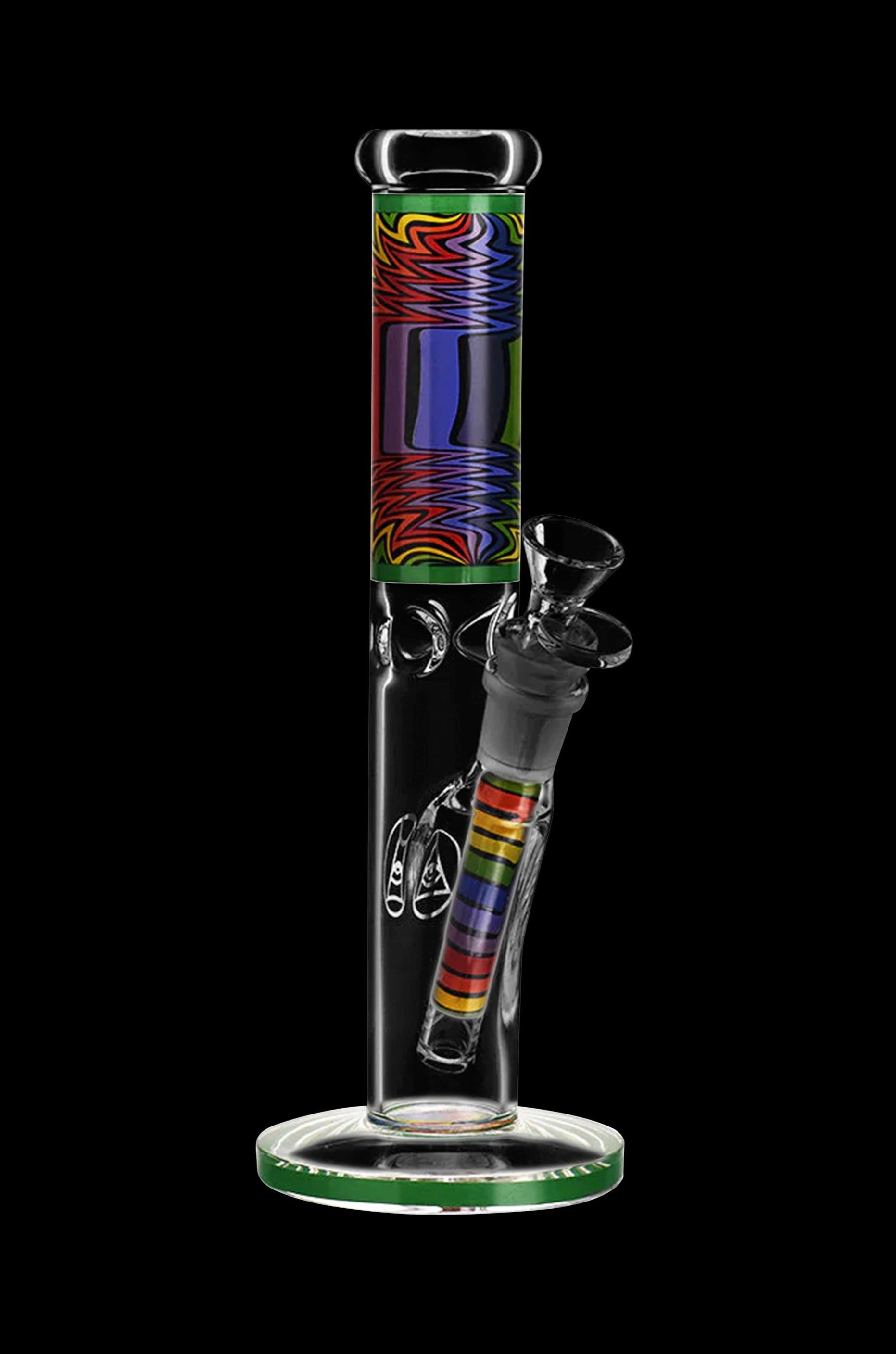 A vibrant glass bong with colorful geometric patterns and a clear base, isolated on a black background.