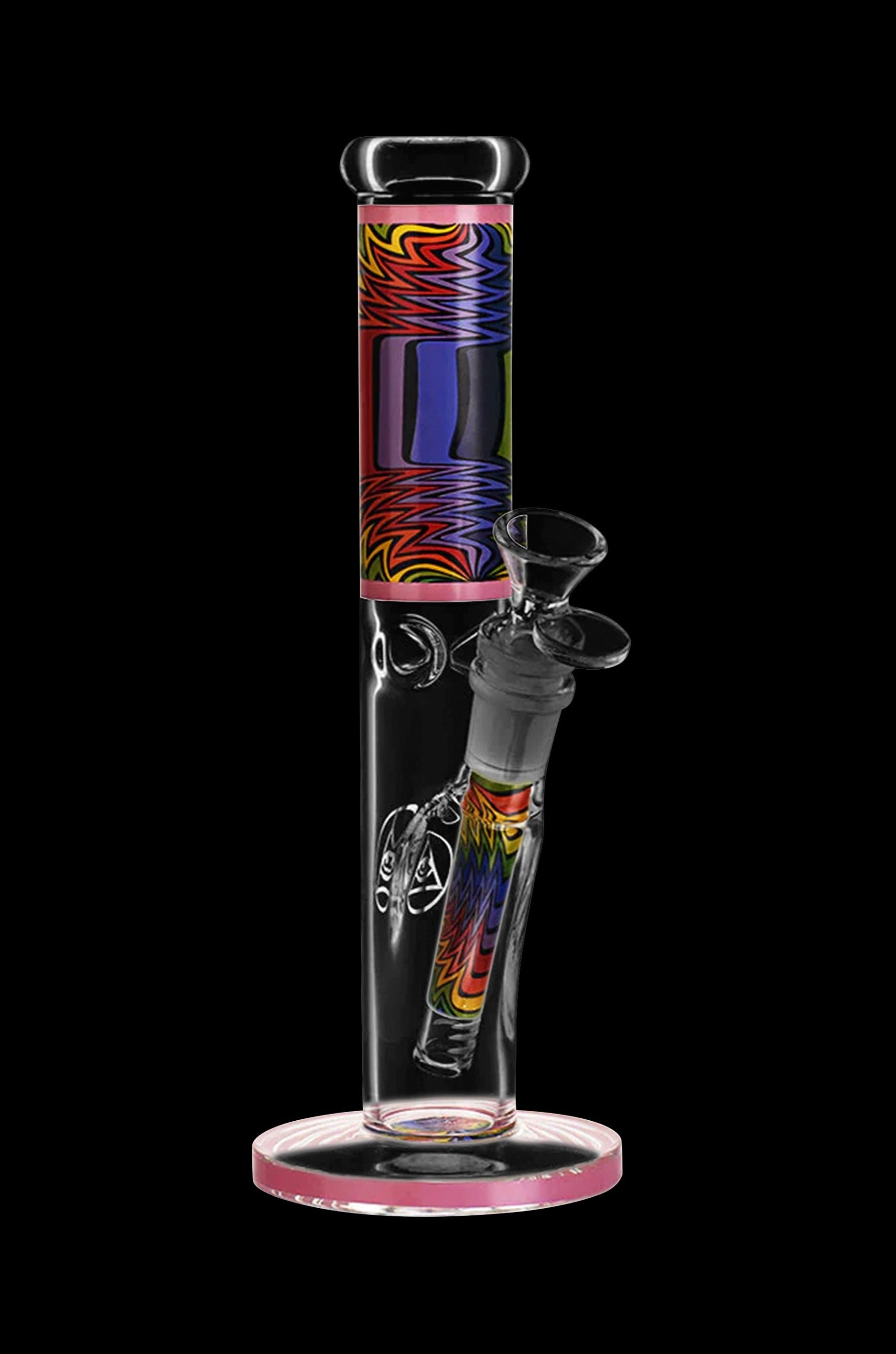 A vibrant glass bong with colorful psychedelic patterns and intricate etched designs.