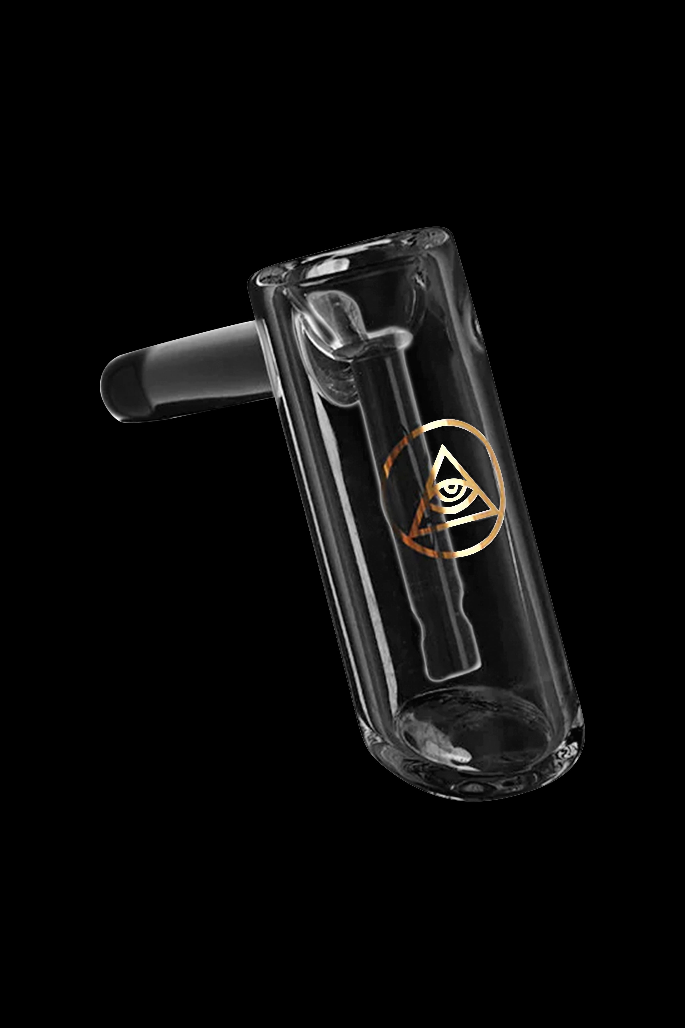 Clear glass oil rig with a gold eye logo, isolated on black.