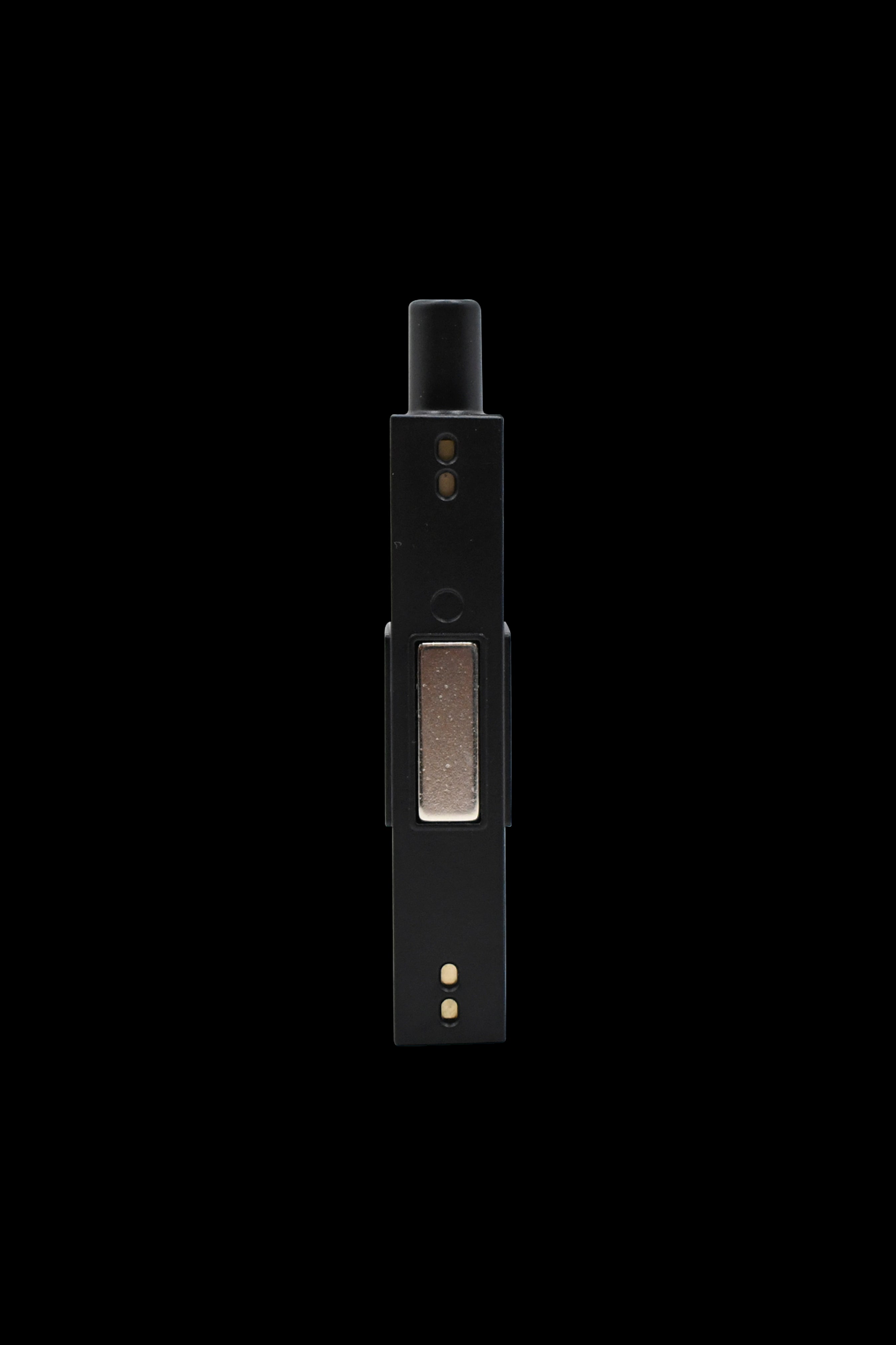 Black cannabis vaporizer pen with visible herb chamber.