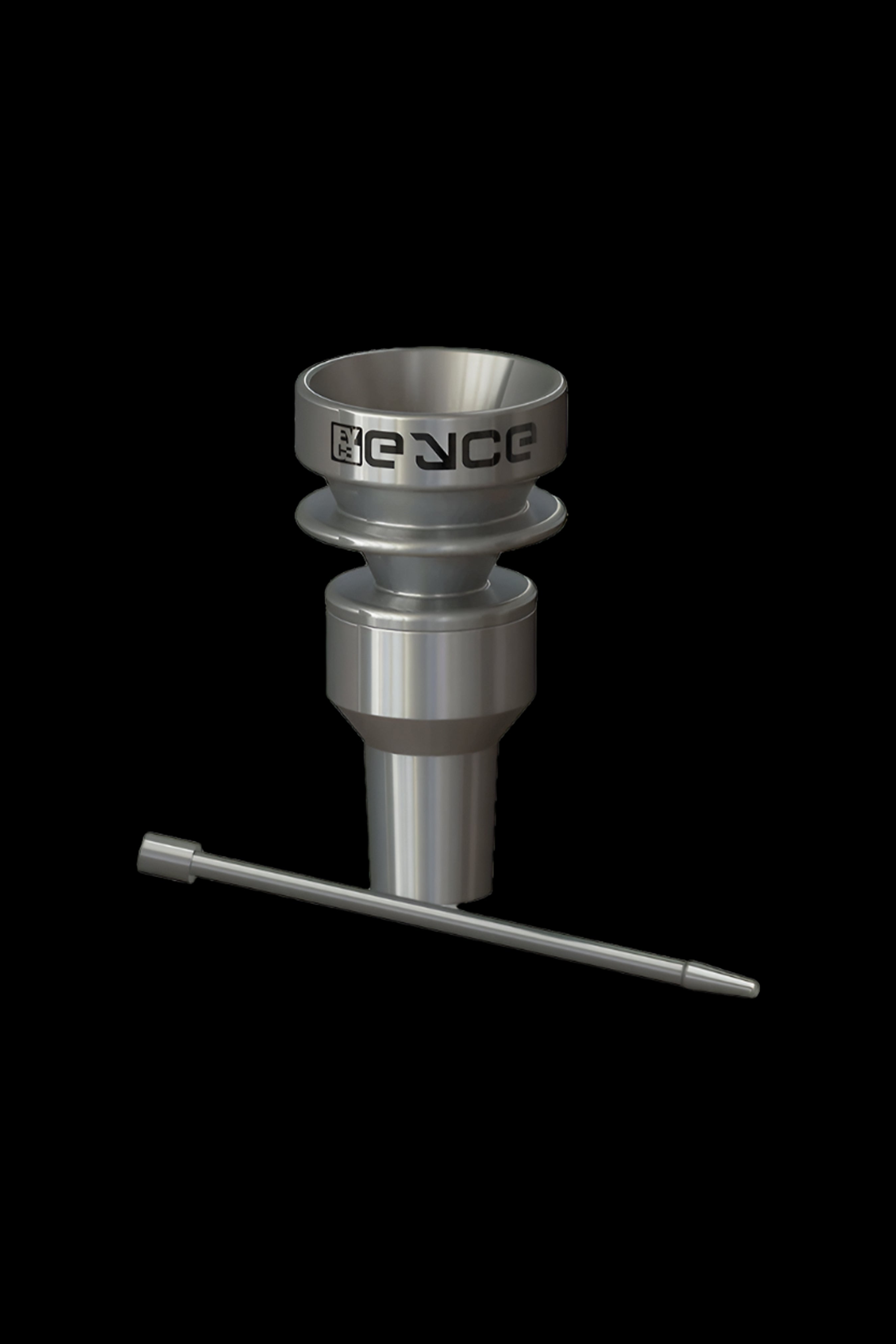 Silver cannabis dab rig with a branded cap and carb tool, isolated on a black background.