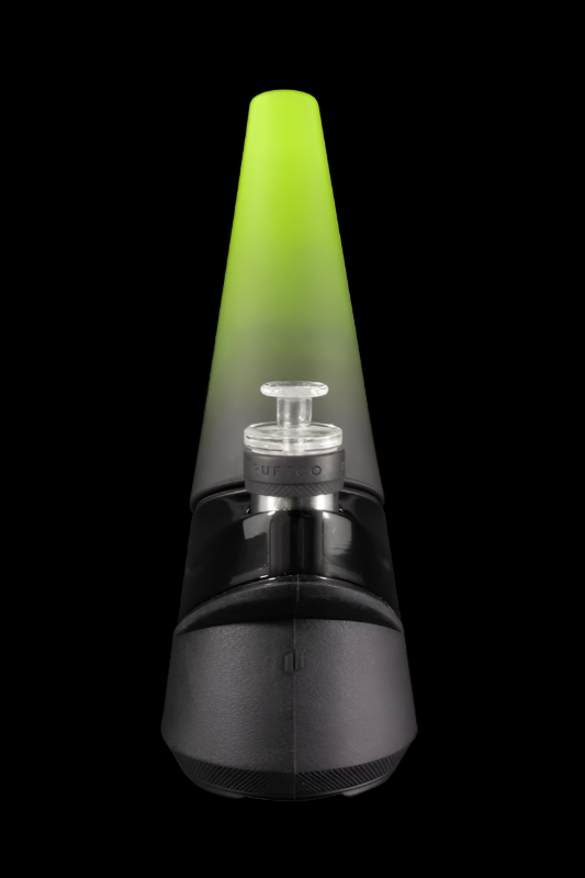Black cannabis e-rig with a glowing green glass mouthpiece.
