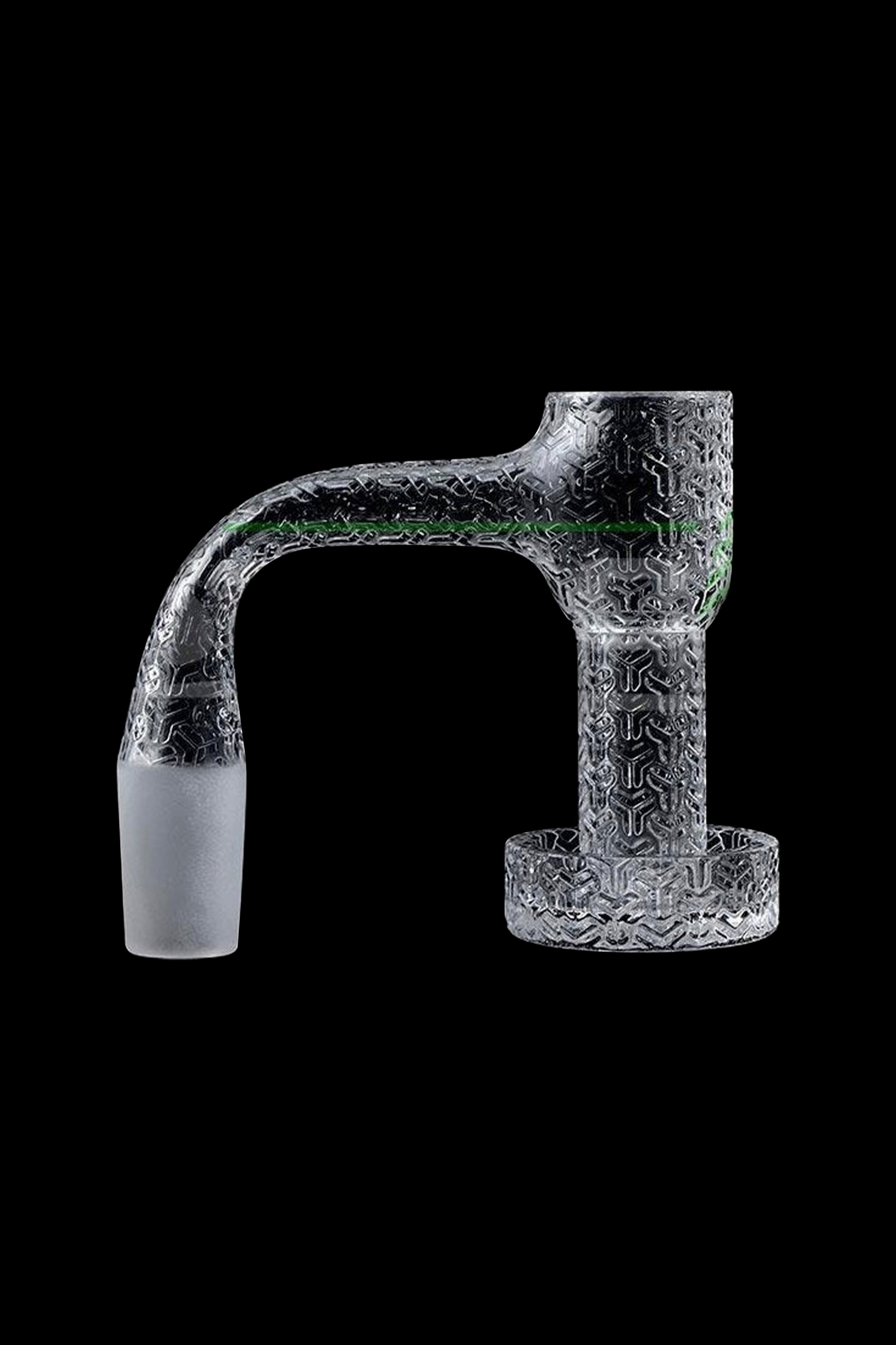 Glass cannabis dab rig attachment with intricate textured design.