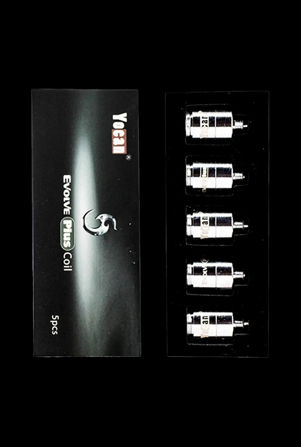 Top-down view of five Yocan Evolve Plus / Regen Coils quartz triple replacement heads neatly arranged in a black tray beside their black branded packaging.