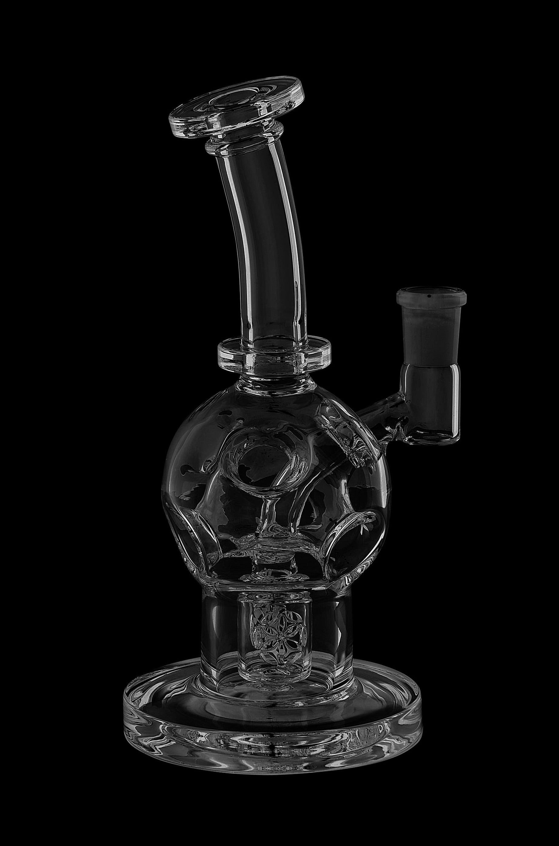 Clear glass water pipe (bong) with intricate percolator design, isolated on a black background.