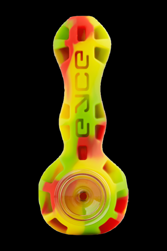 Colorful silicone cannabis pipe with the word “peace” vertically embossed.