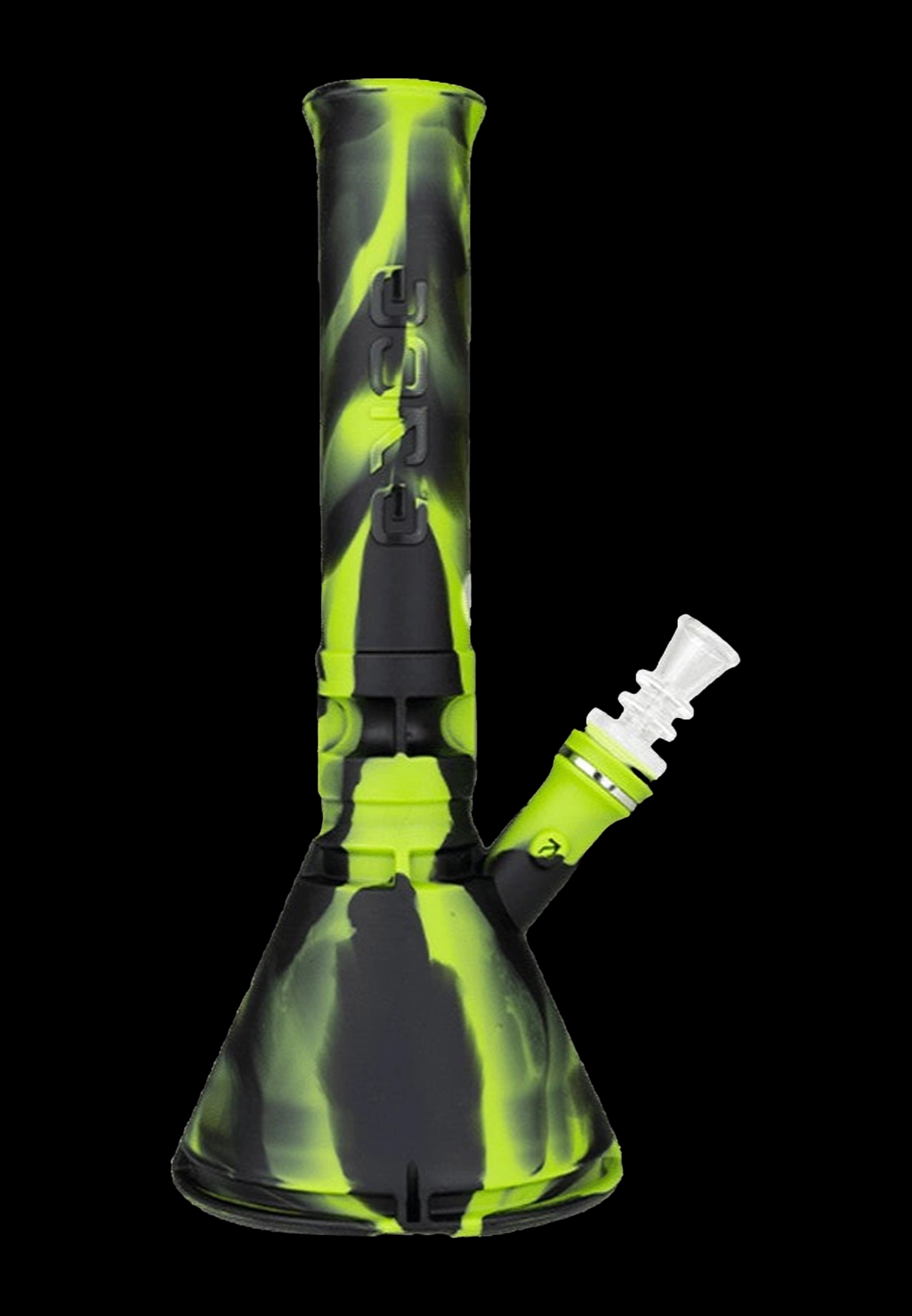Green and black silicone bong with a glass downstem.