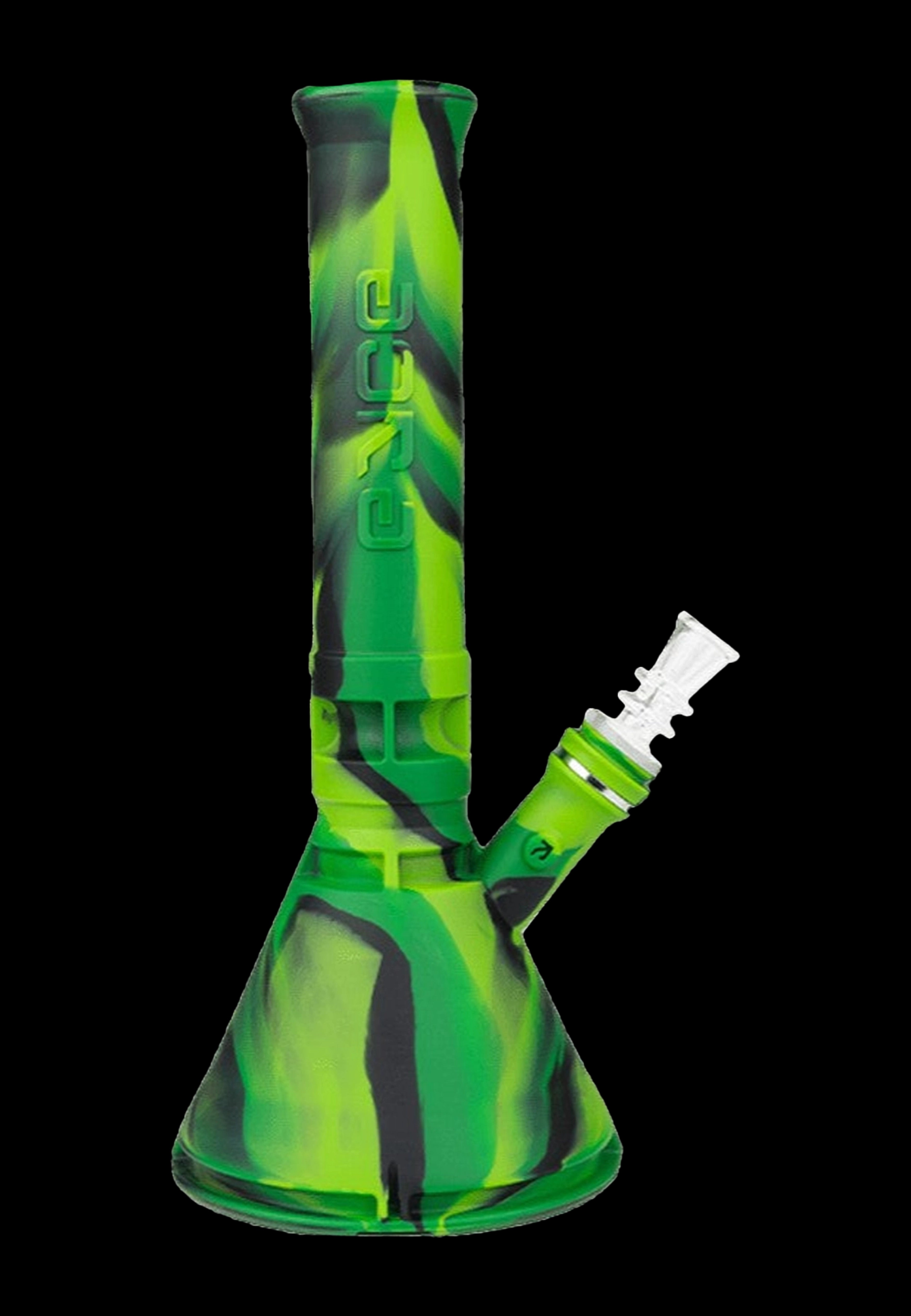 Green silicone water pipe (bong) with patterned design and removable downstem.