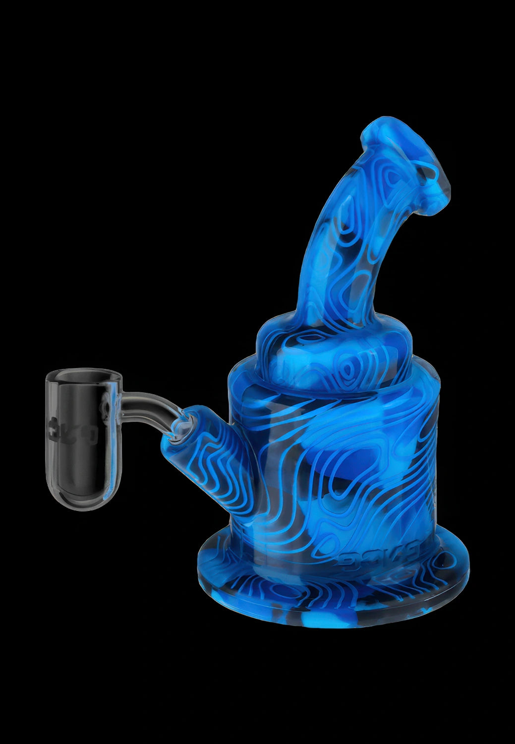 Angled close-up of the blue swirled Eyce ORAFLEX Rig against a black background, highlighting its curved mouthpiece and side banger.