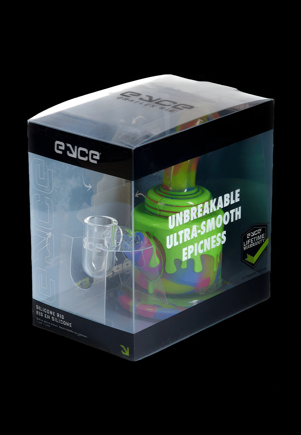 Three-quarter view of the Eyce ORAFLEX Rig in its clear retail box, showing a colorful green-and-pink silicone piece and printed "UNBREAKABLE ULTRA-SMOOTH EPICNESS" text.