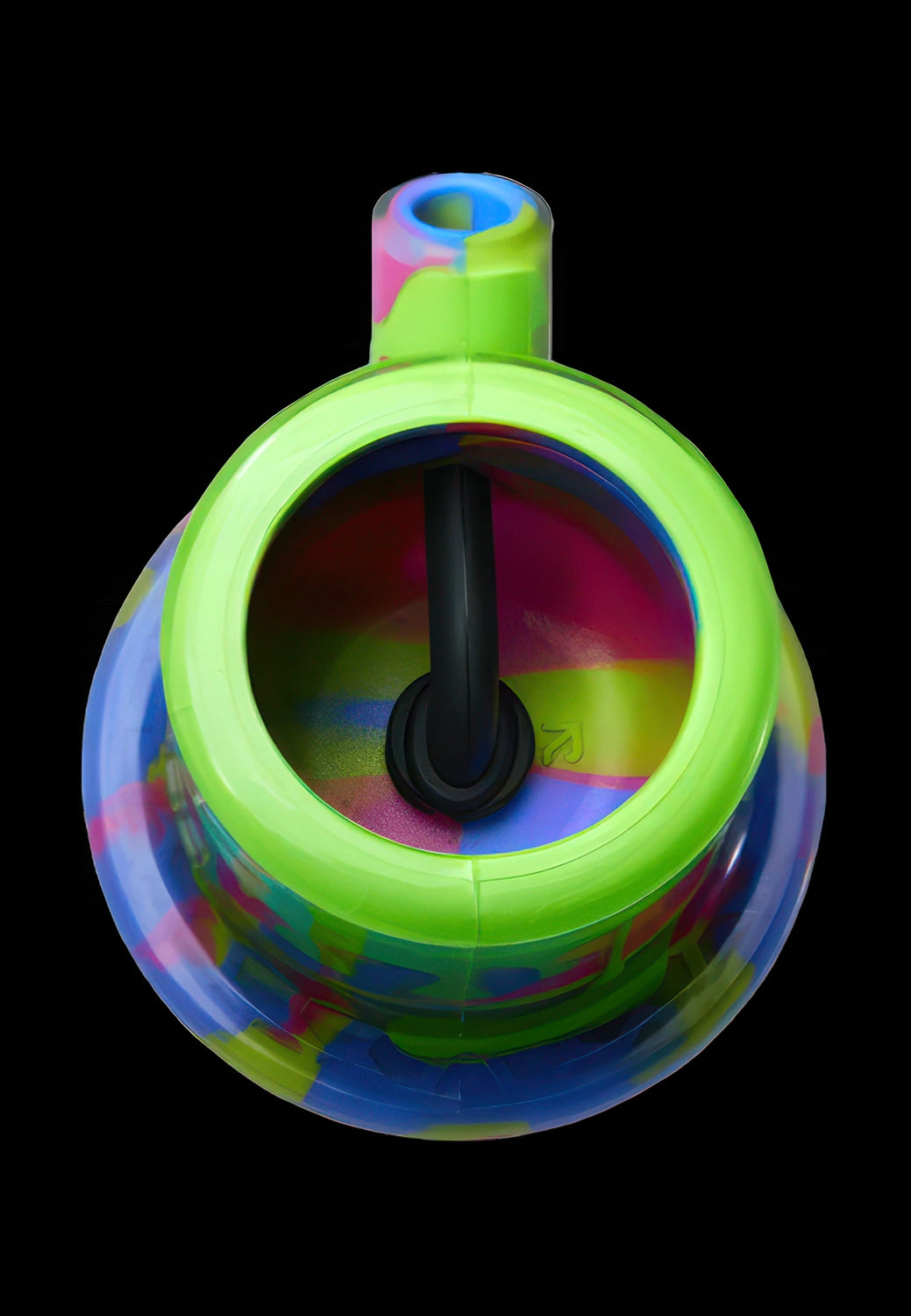 Top-down view of the multicolored Eyce ORAFLEX Rig showing its neon green mouthpiece ring and central black stem against a black background