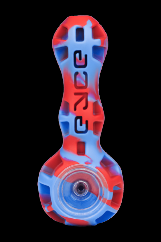 Red and blue glass pipe with "peace" vertically etched along the stem.