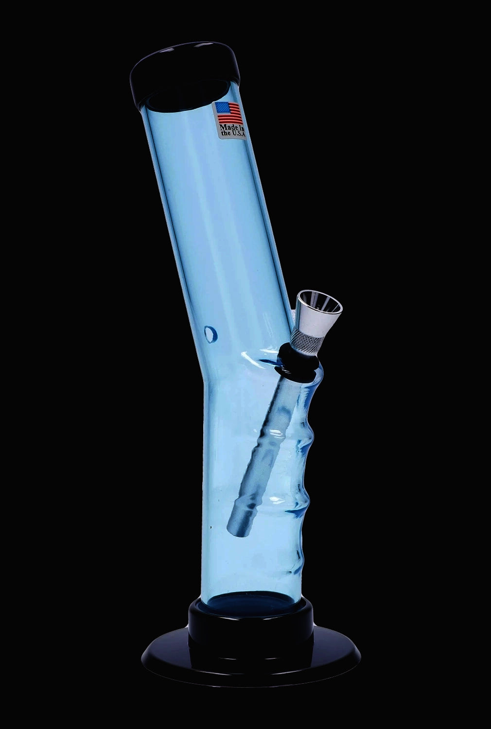 A front view of the 9-inch JM Plastics Bent Neck Straight Tube with Grip Acrylic Water Pipe, illuminated against a dark background.