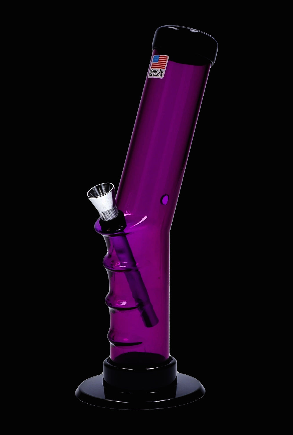 A front view of the 9-inch JM Plastics Bent Neck Straight Tube with Grip Acrylic Water Pipe, showcasing its sleek, purple design.