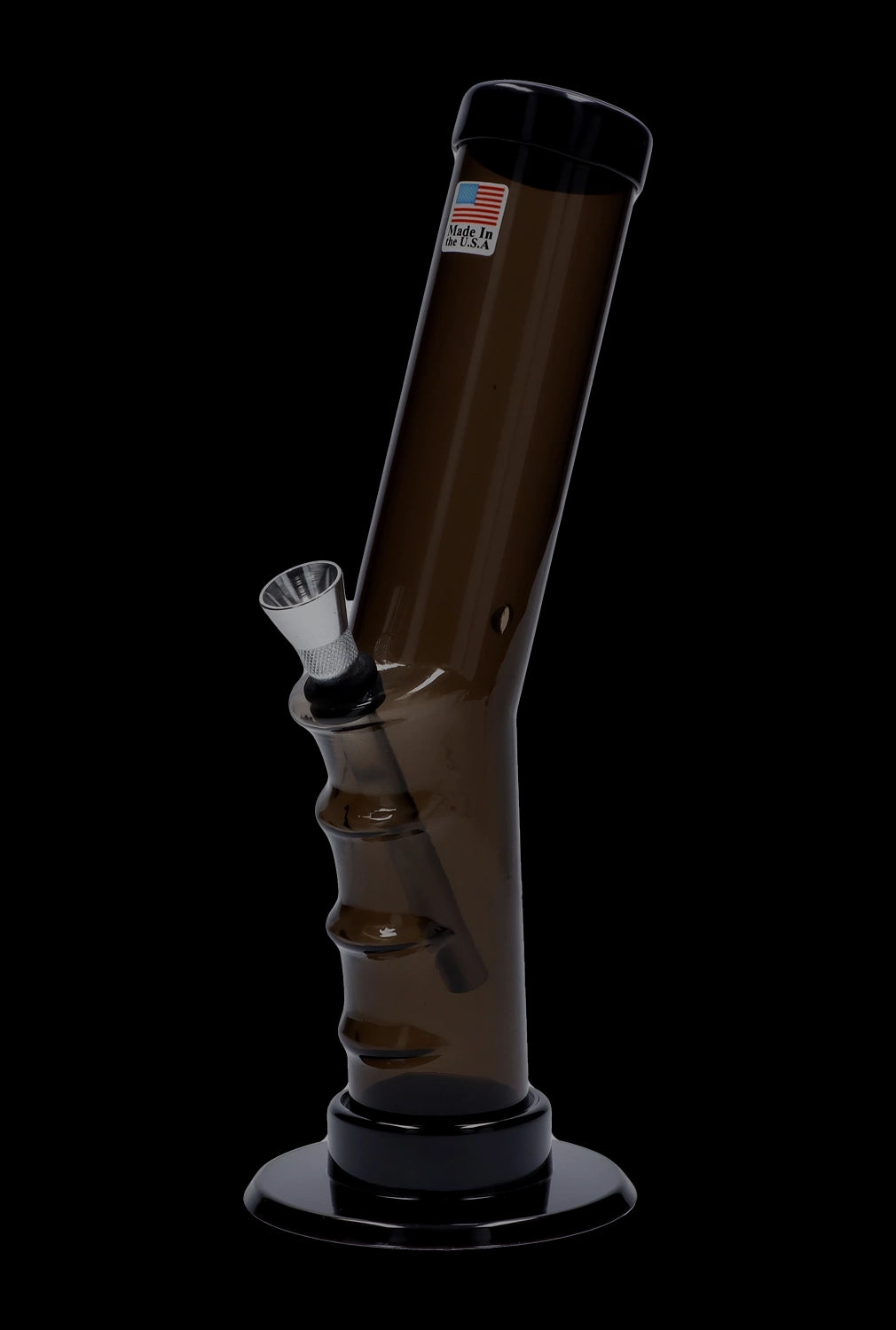 Front view of the 9-inch JM Plastics Bent Neck Straight Tube with Grip Acrylic Water Pipe, showing a clear, gripped design.