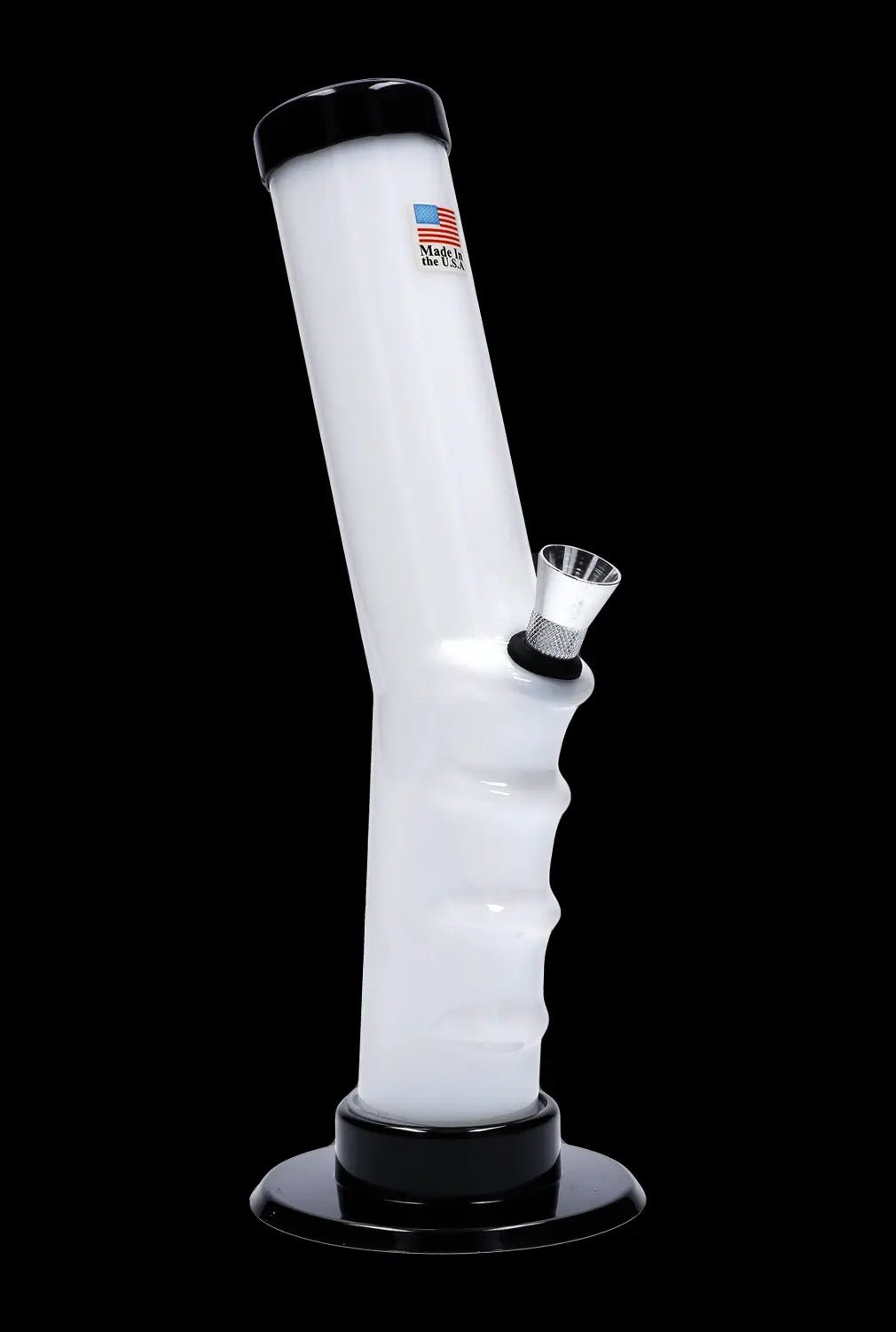 Angled studio shot of the JM Plastics Bent Neck Straight Tube with Grip Acrylic Bong - 9 in., shown in blue-tinted clear material against a black background.