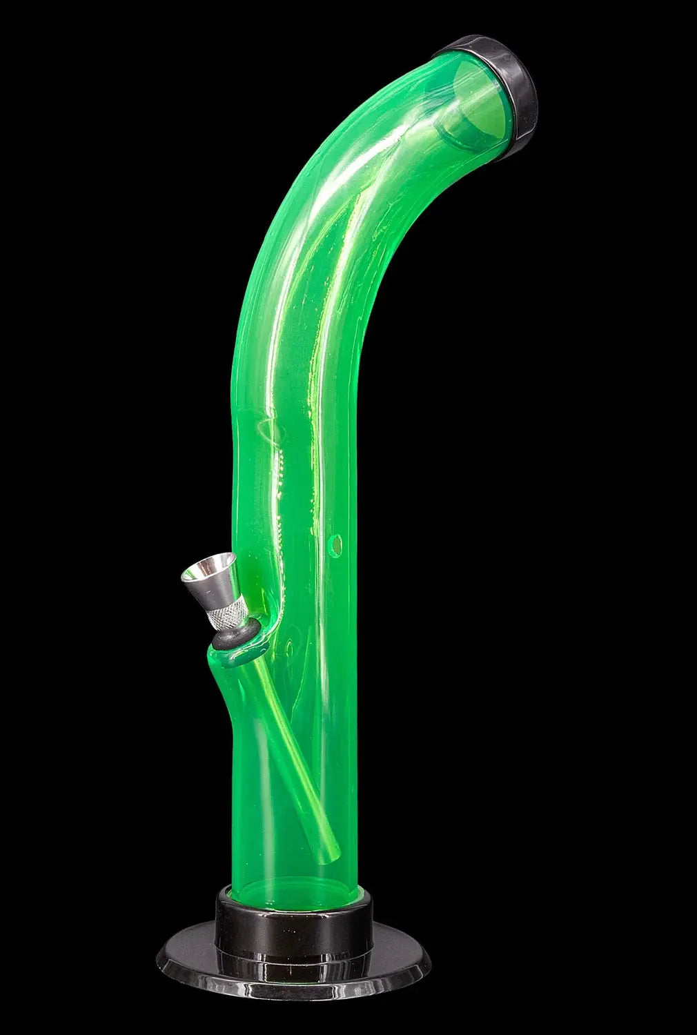 Green glass water pipe with a flared base, illuminated from within.