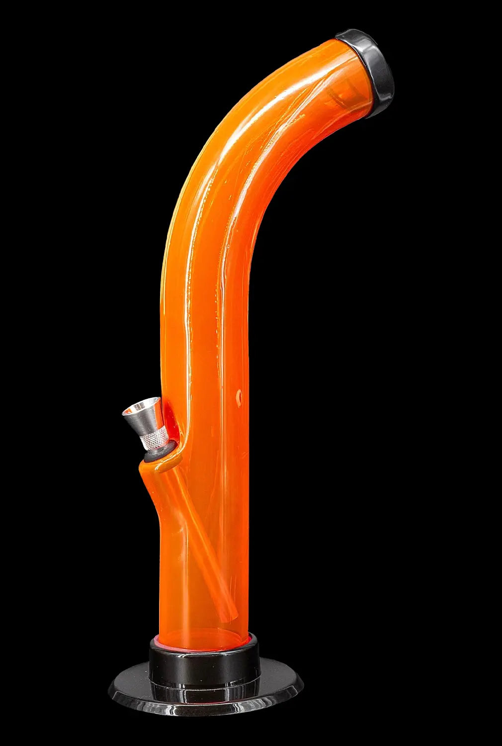 Orange glass bubbler with a black base and bowl.