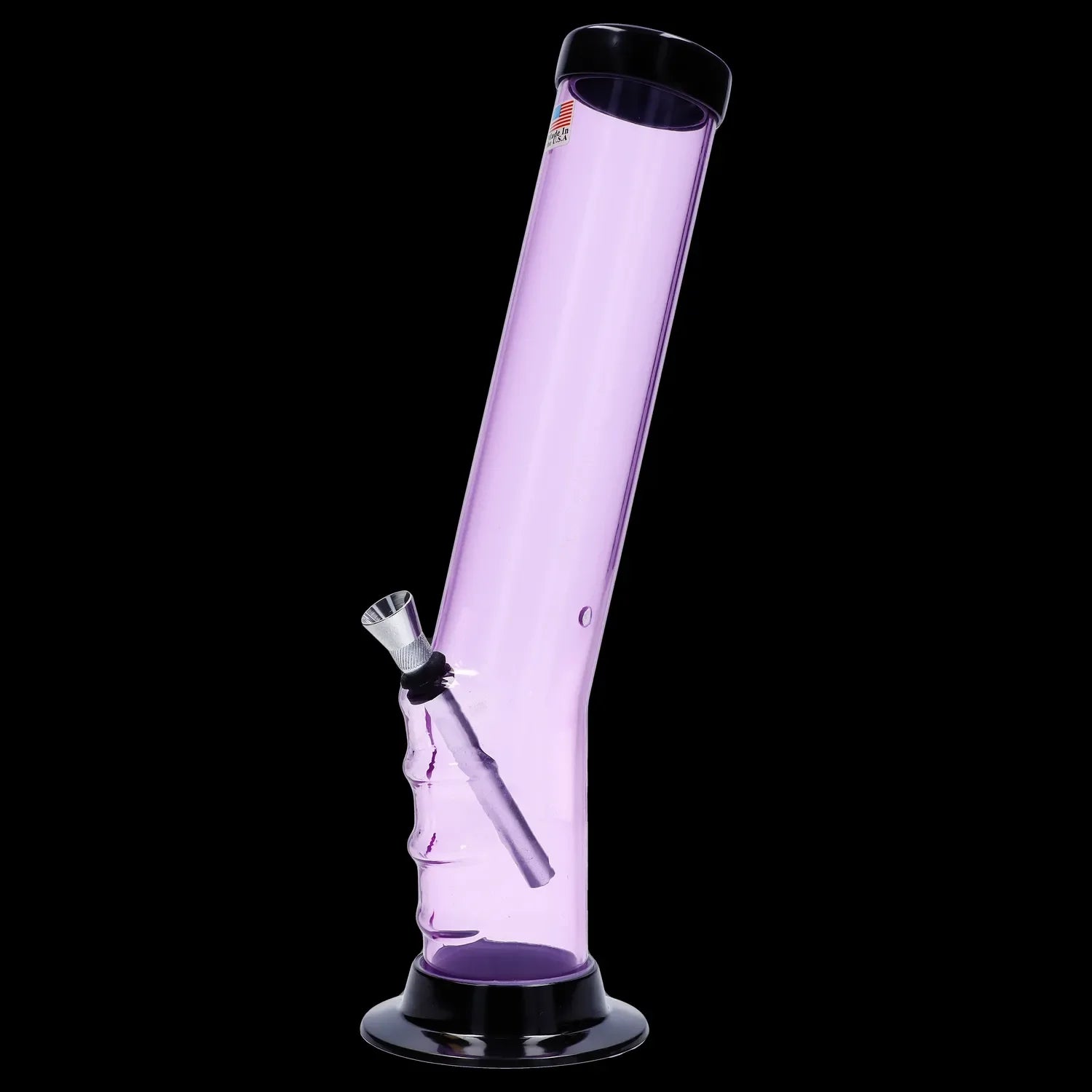 Pink glass bong with metal downstem, isolated on a black background.