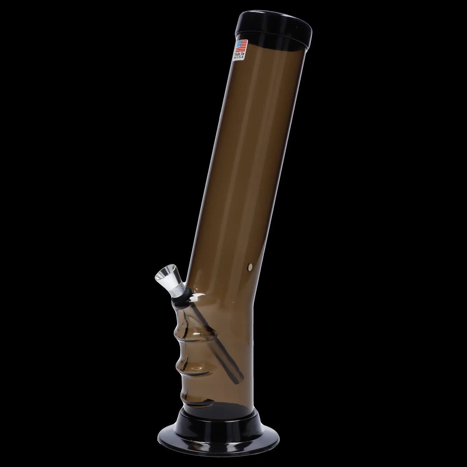 Amber acrylic water pipe with a flared base, isolated on a black background.