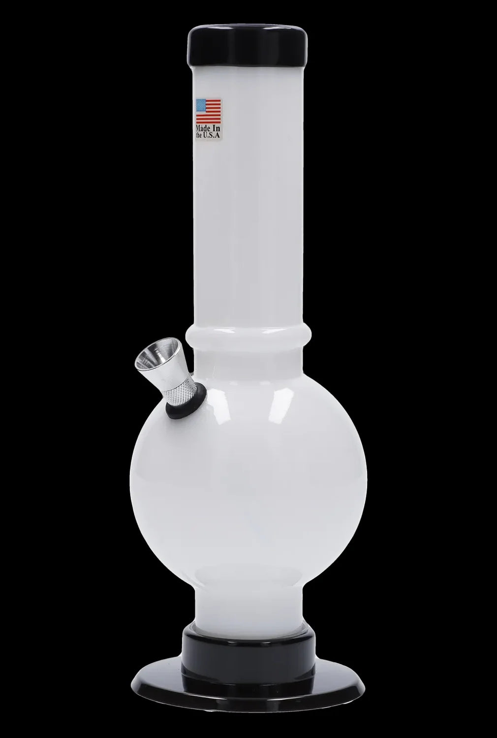 Frosted glass water pipe with a black base and metal downstem.
