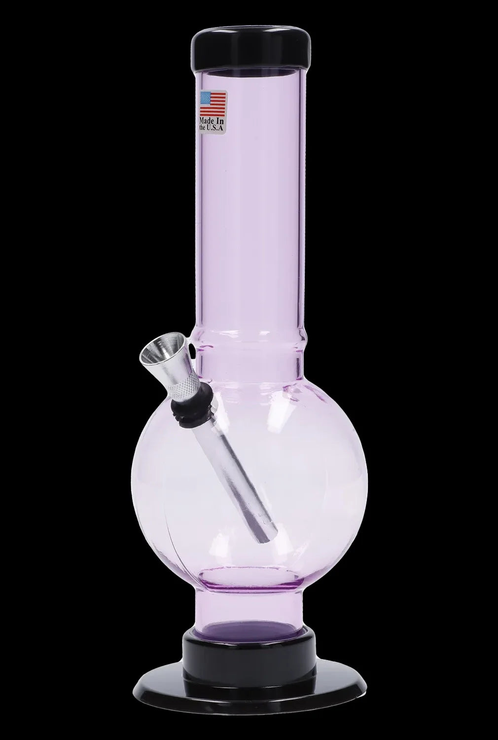 Pink glass water pipe with a flared base and clear glass downstem, labeled "Made in the U.S.A."