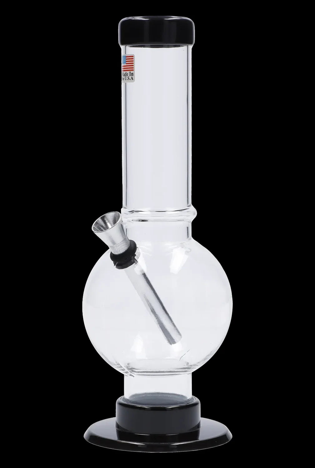 Clear glass water pipe (bong) with a black base and mouthpiece.