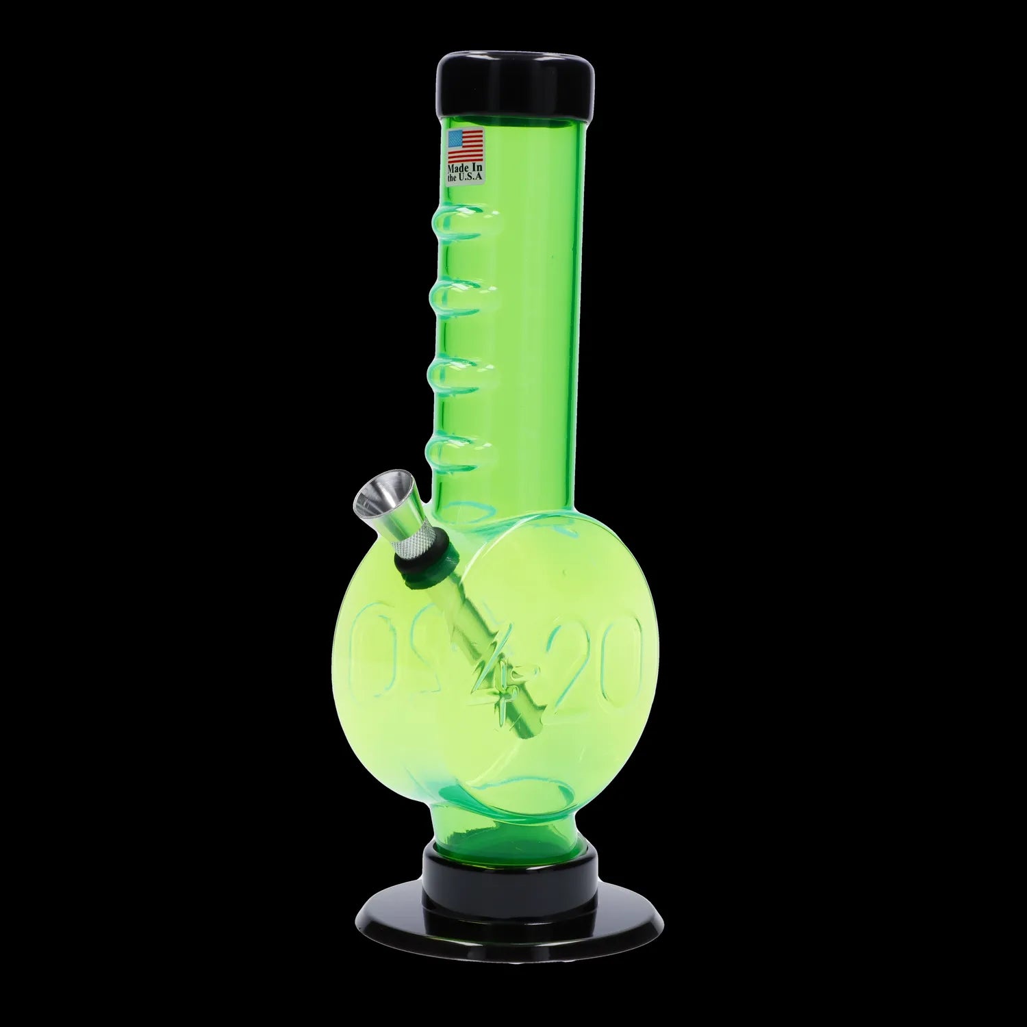 Neon green glass water pipe (bong) with a black base and downstem.