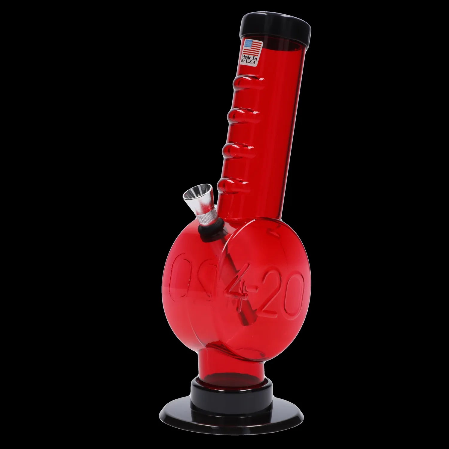 Red glass water pipe/bong with "420" etched into the bulb, on a black base.