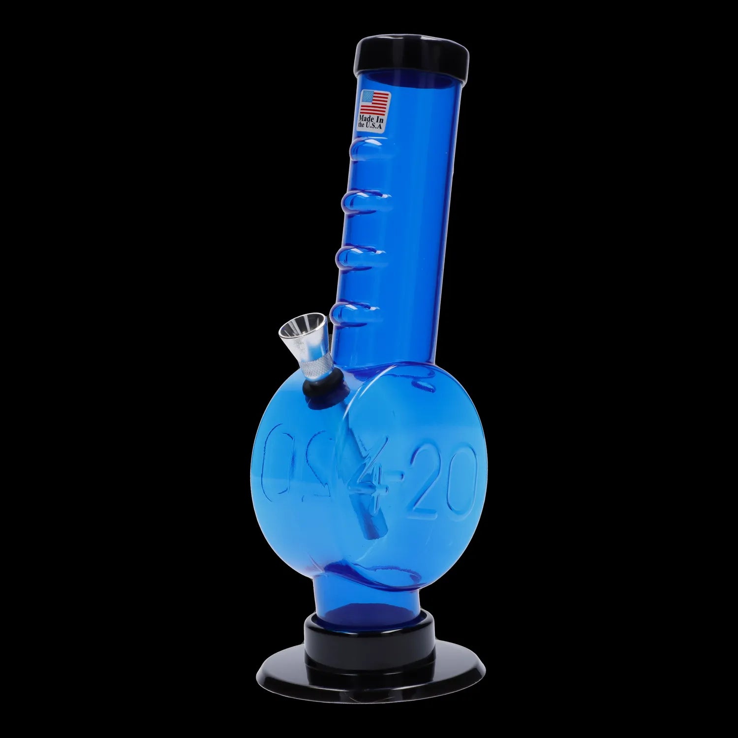 A side view of the 9-inch JM Plastics 420 Coin Base with Grip Acrylic Water Pipe, showcasing its blue transparent body and textured grip.