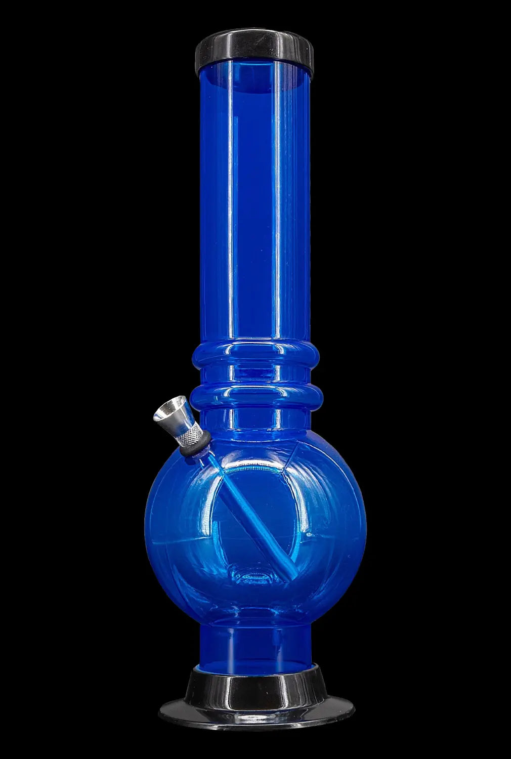 Blue glass water pipe for smoking cannabis.