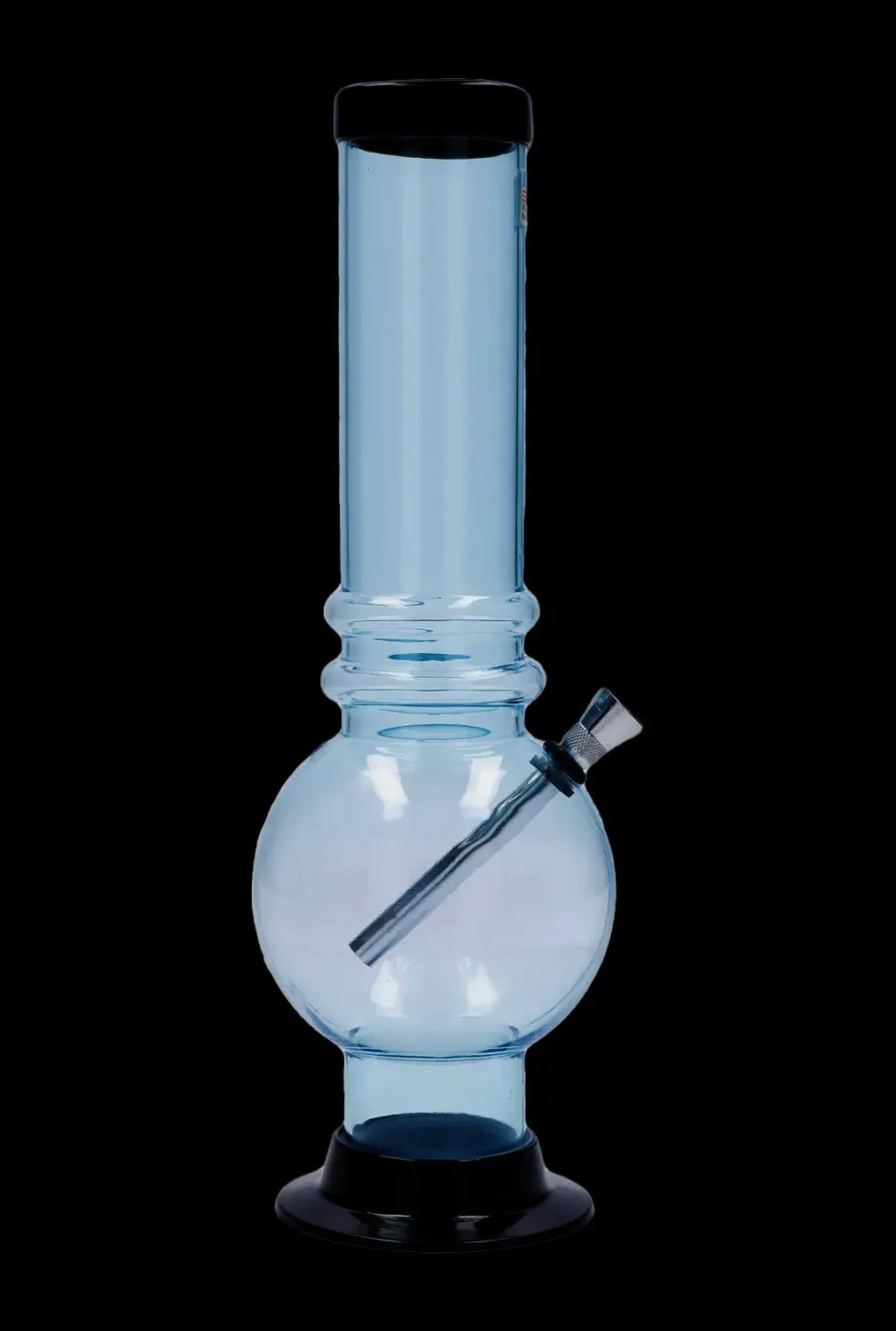Centered front view of a smoke-colored JM Plastics Large Bubble Base with Grip Acrylic Bong - 12 in., shown against a black background.