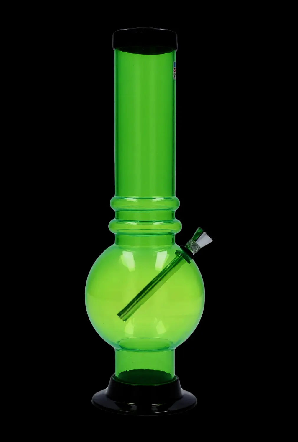 Front view of the JM Plastics Large Bubble Base with Grip Acrylic Bong - 12 in. in translucent light green against a black background, showing its round bubble base, dual grip rings on the neck, angled downstem, and black flared mouthpiece and base.