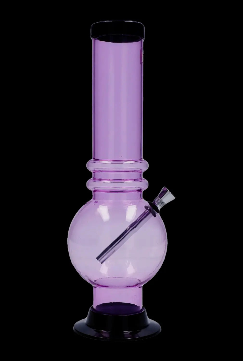 Centered front view of the JM Plastics Large Bubble Base with Grip Acrylic Bong - 12 in. in purple-tinted clear against a black background.