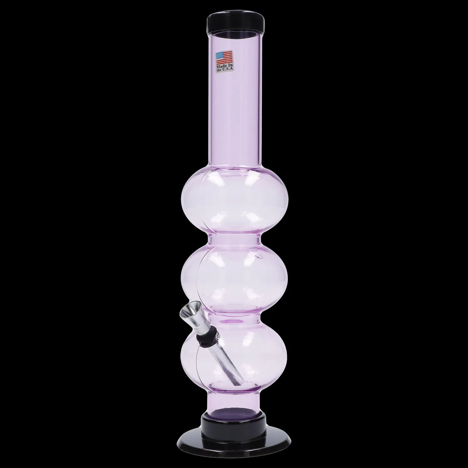 Pink glass bubbler with multiple chambers, used for smoking cannabis.