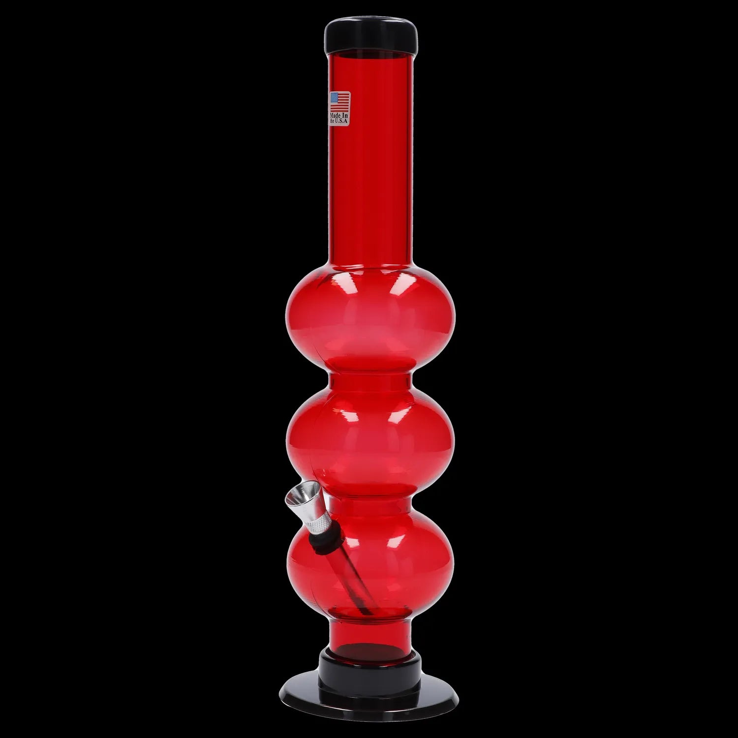 Red glass bong with multiple bubbles and a removable downstem.