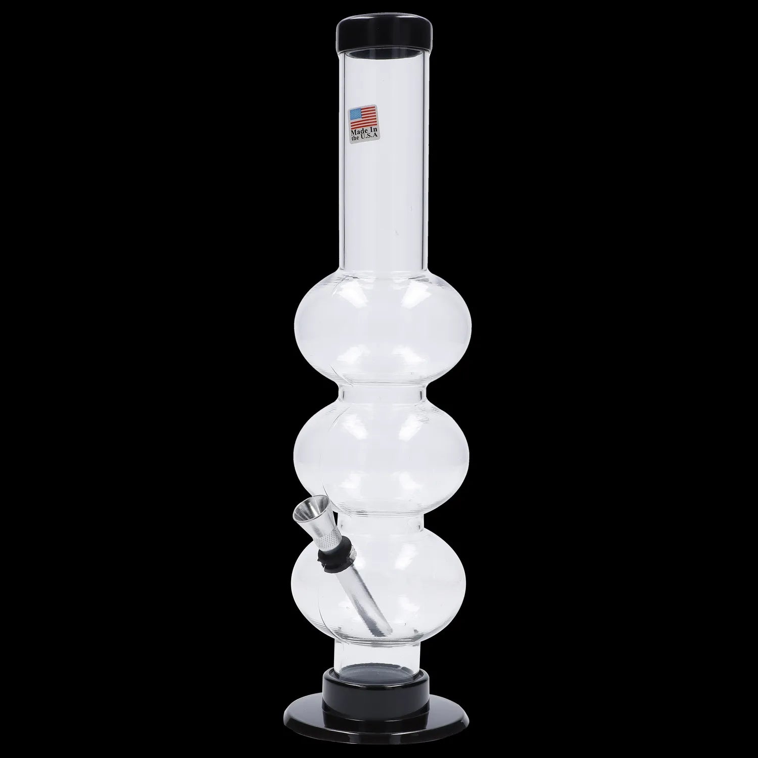 Glass water pipe (bong) with multiple bubbles and a glass bowl, isolated on a black background.