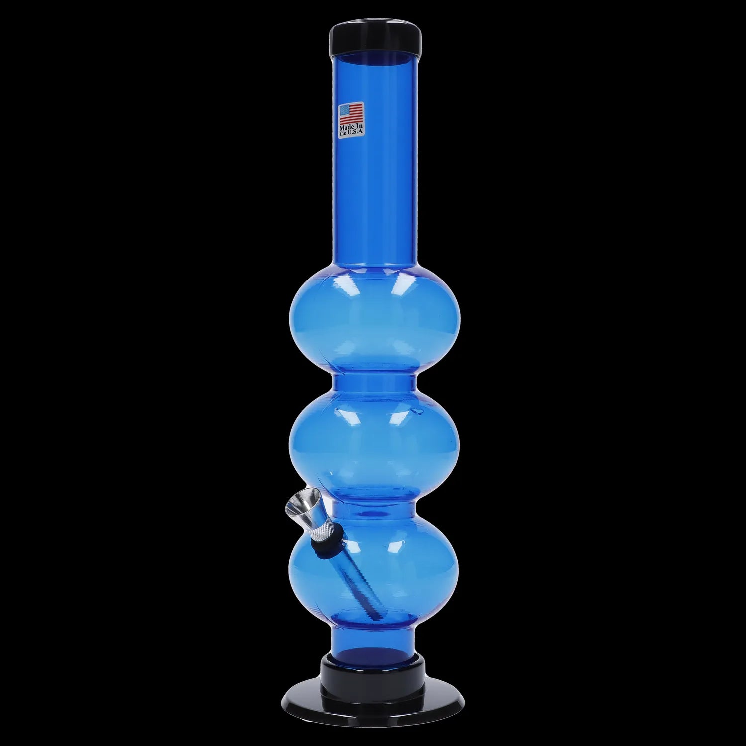 Blue acrylic water pipe for smoking cannabis.