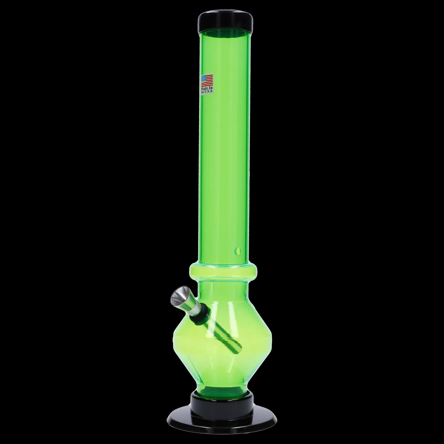 Green glass bong with a black base and mouthpiece.