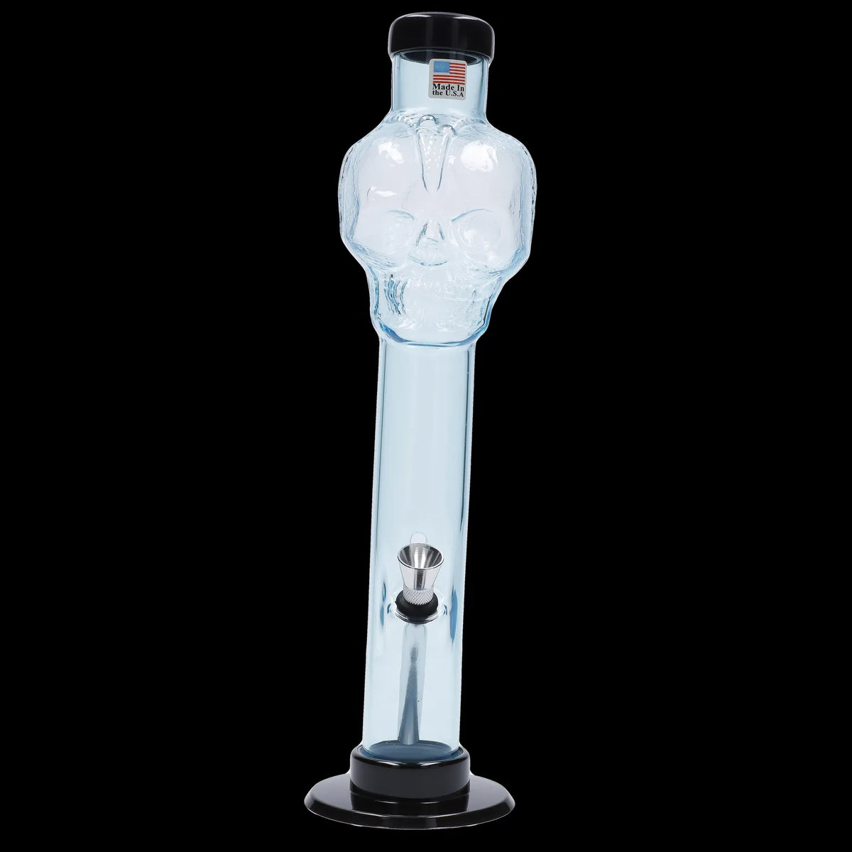 Centered front view of the Acrylic Bong 1.5" ACRYLICS in smoky translucent blue with a skull-shaped chamber against black.