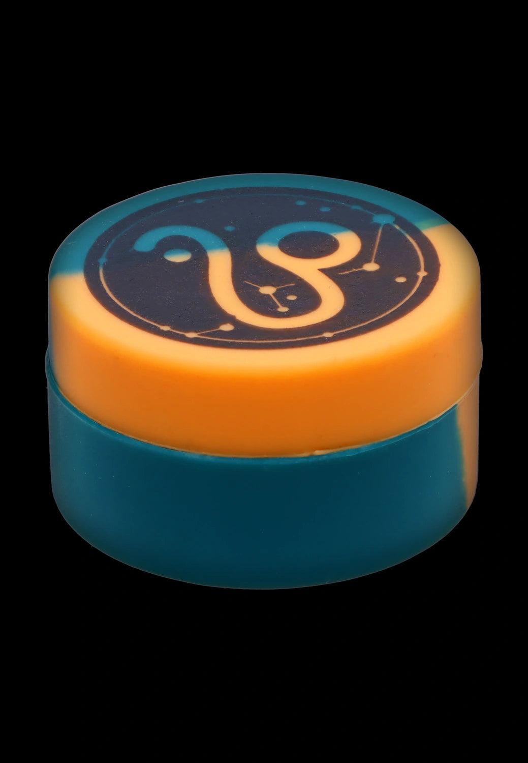 Front view of the Famous Design Zodiac Extract Containers, showcasing a colorful cylindrical container against a black background.