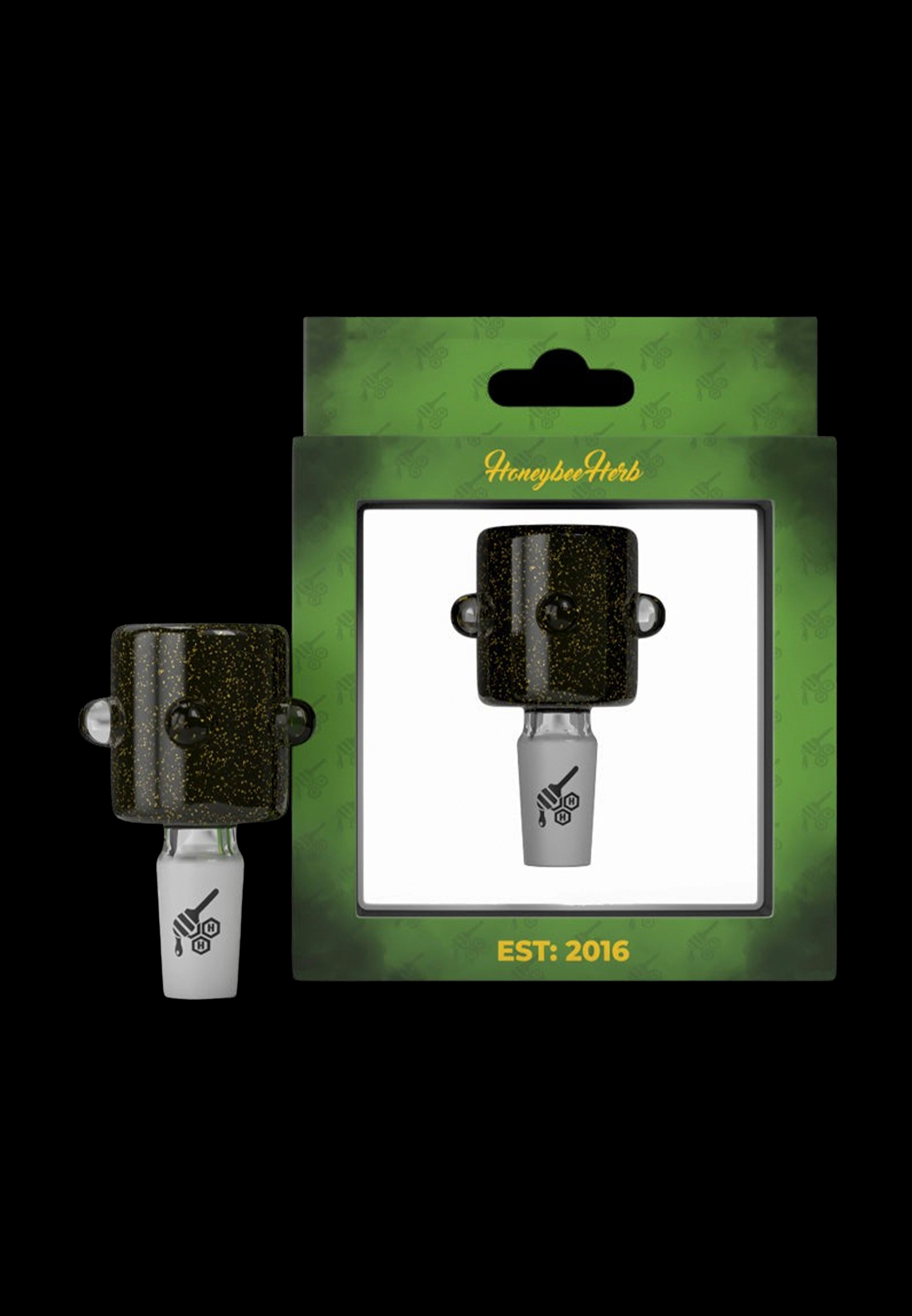 Packaged cannabis oil dab straw with black glitter finish, labeled “Honeybee Herb” and “Est. 2016”.