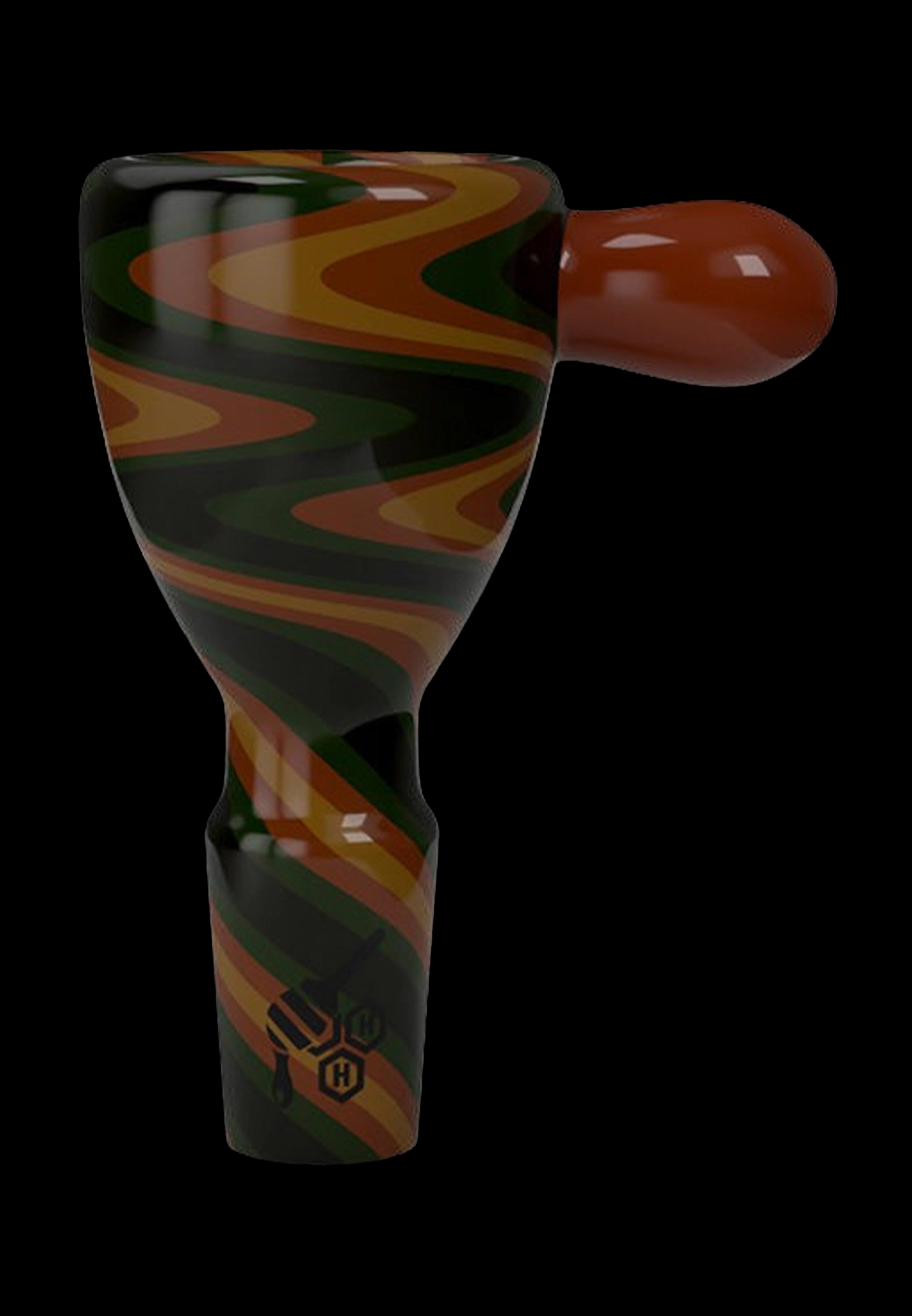 A colorful glass pipe with a swirling green, black, and orange pattern, featuring a branded logo near the mouthpiece.