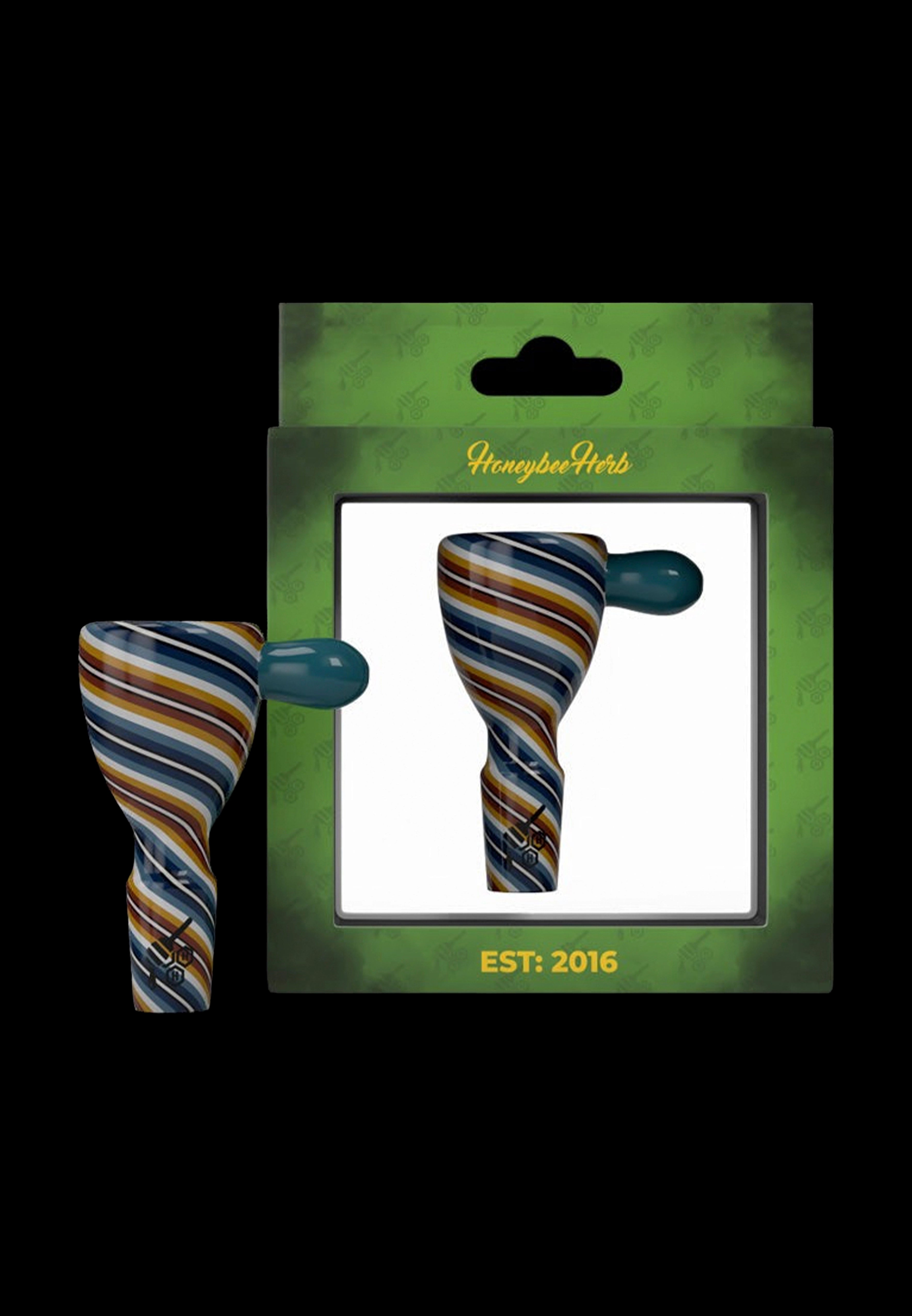 A glass pipe with a colorful swirl pattern, packaged in a green cardboard backing labeled “Honeybee Herb” and “EST. 2016”.
