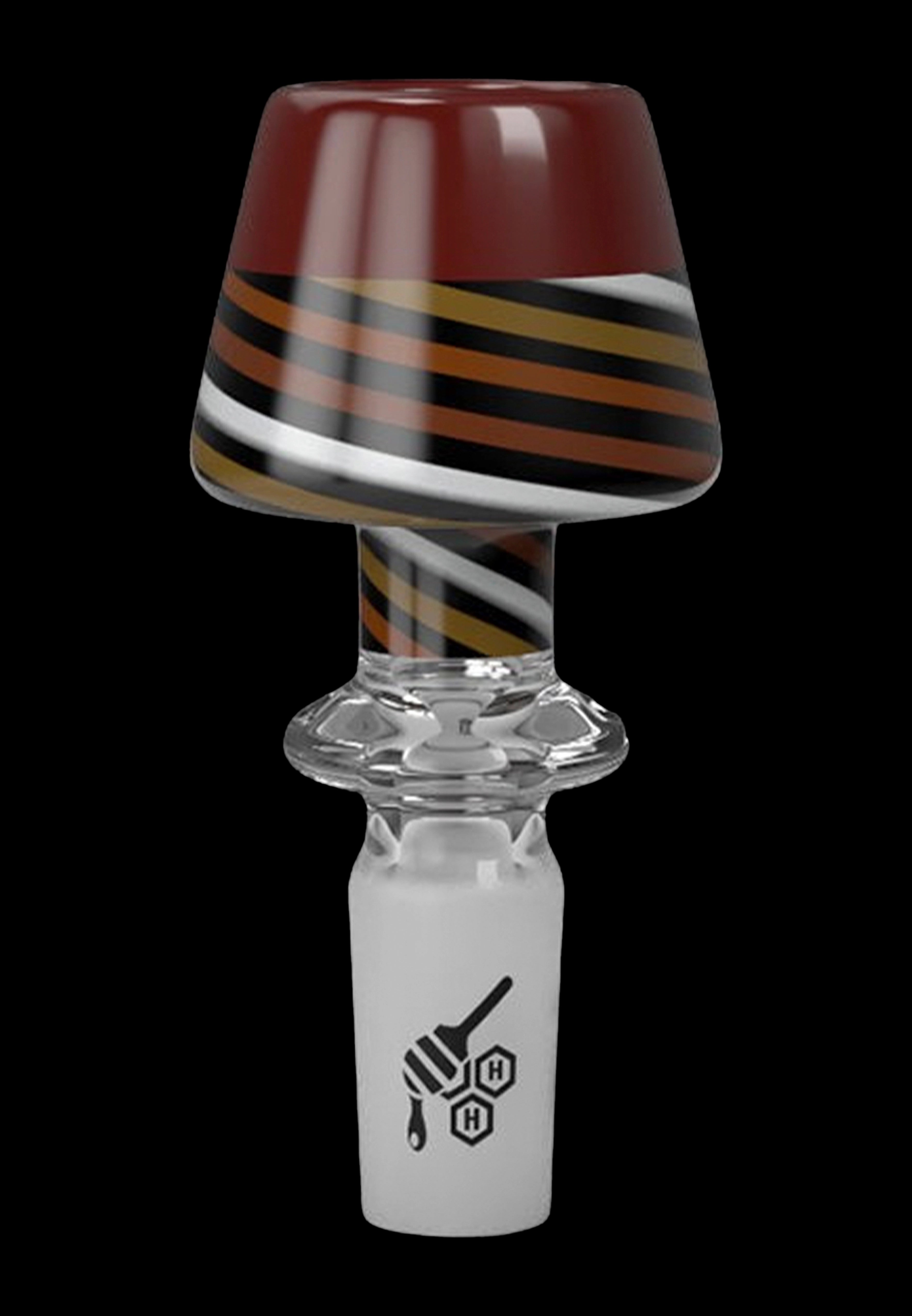 A glass cannabis bowl with a striped, mushroom-shaped top and a branded base.