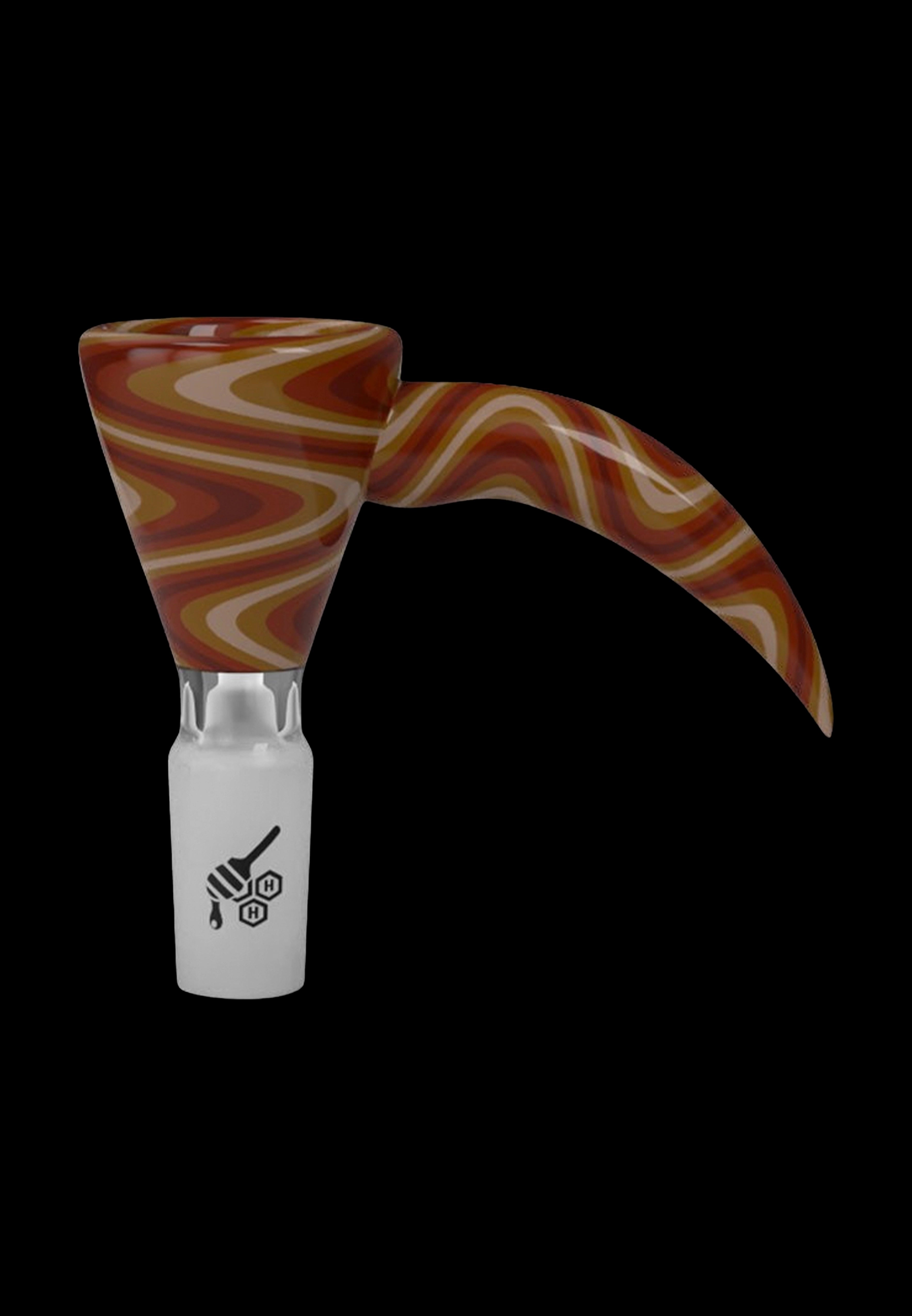 Glass cannabis bowl with swirled orange and brown glass and a white base featuring a black logo.