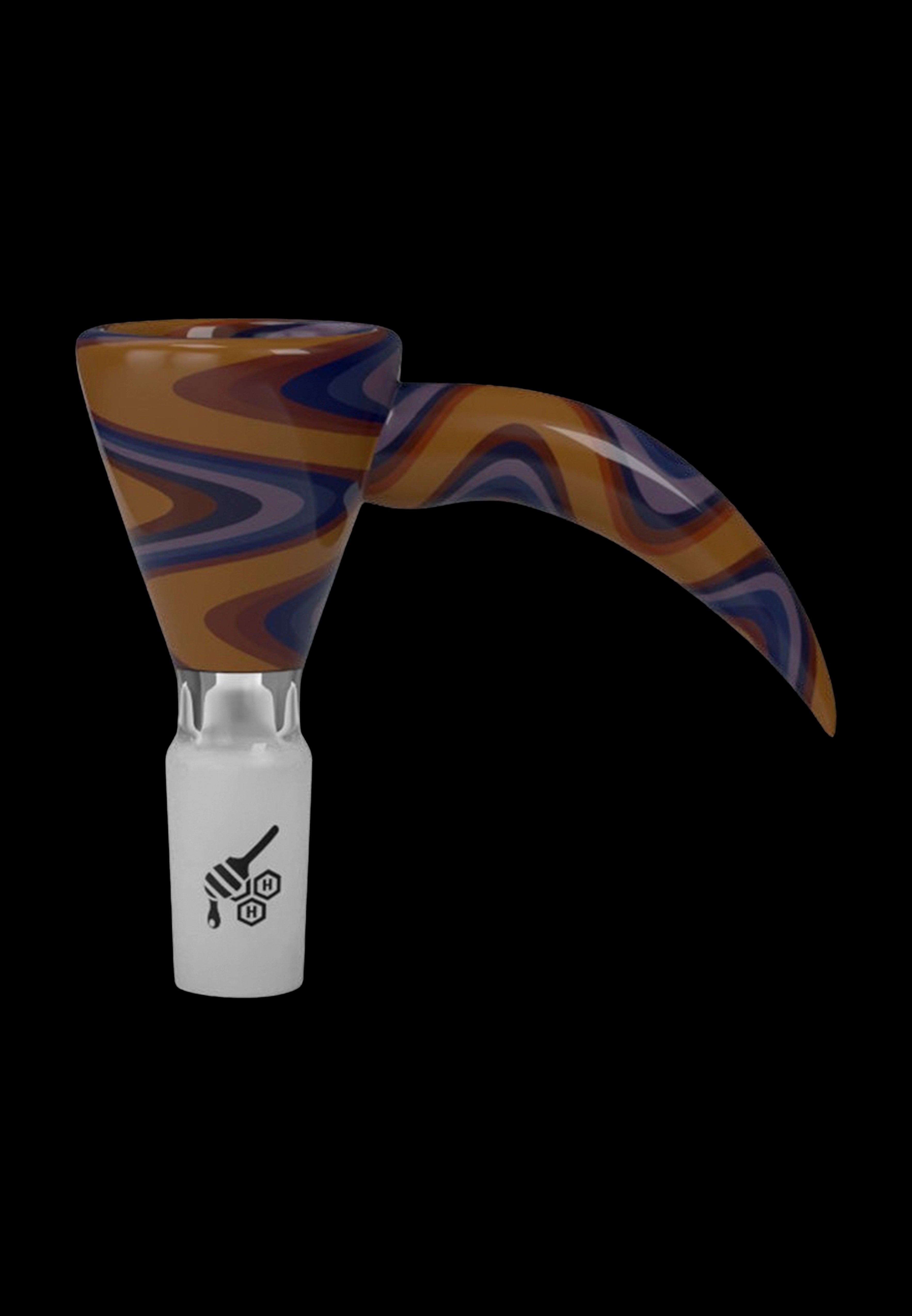 Glass cannabis pipe with swirling brown and purple patterns.