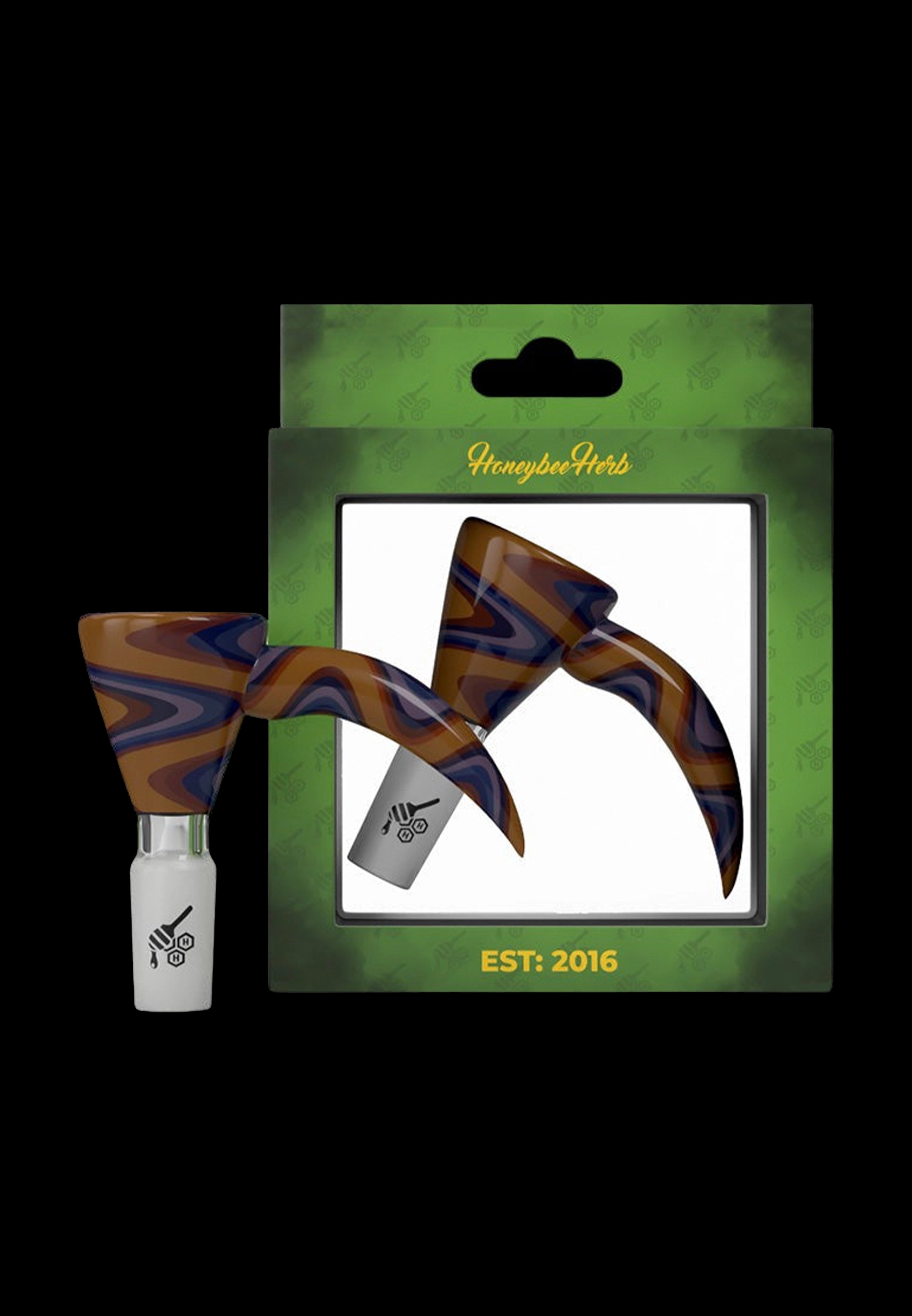 Packaged glass pipe with brown and orange swirl design, branded "Honeybee Herb" and established in 2016.