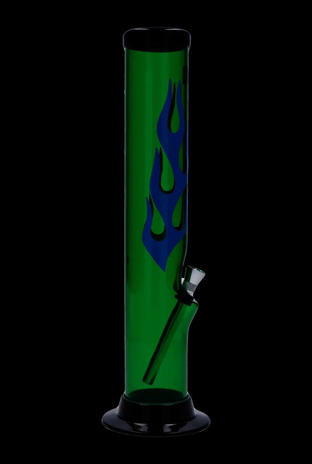 A front view of the 12-inch JM Plastics Flame Straight Tube acrylic water pipe, featuring a flame design against a black background.