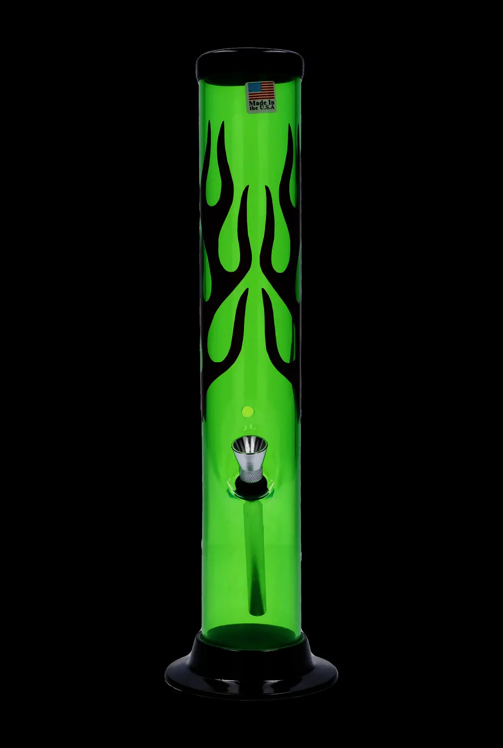 A straight-on view of the 12-inch JM Plastics Flame Straight Tube acrylic water pipe, featuring vibrant green flame designs.
